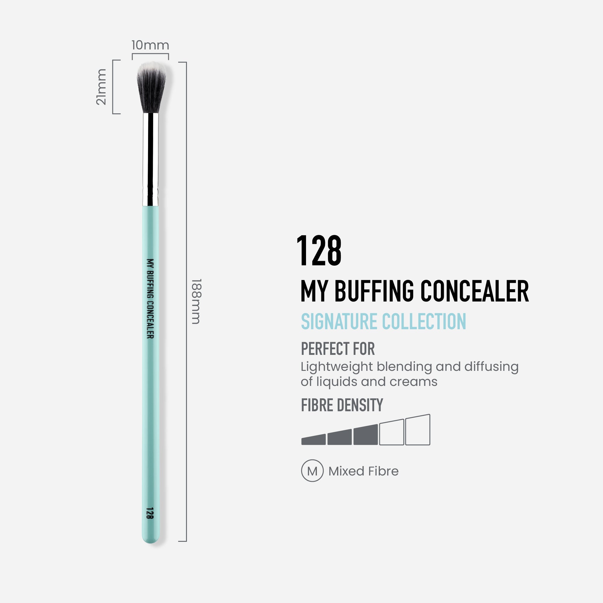 MyKitCo 128 buffing concealer brush with soft bristles, designed for precise makeup application and seamless concealer blending.