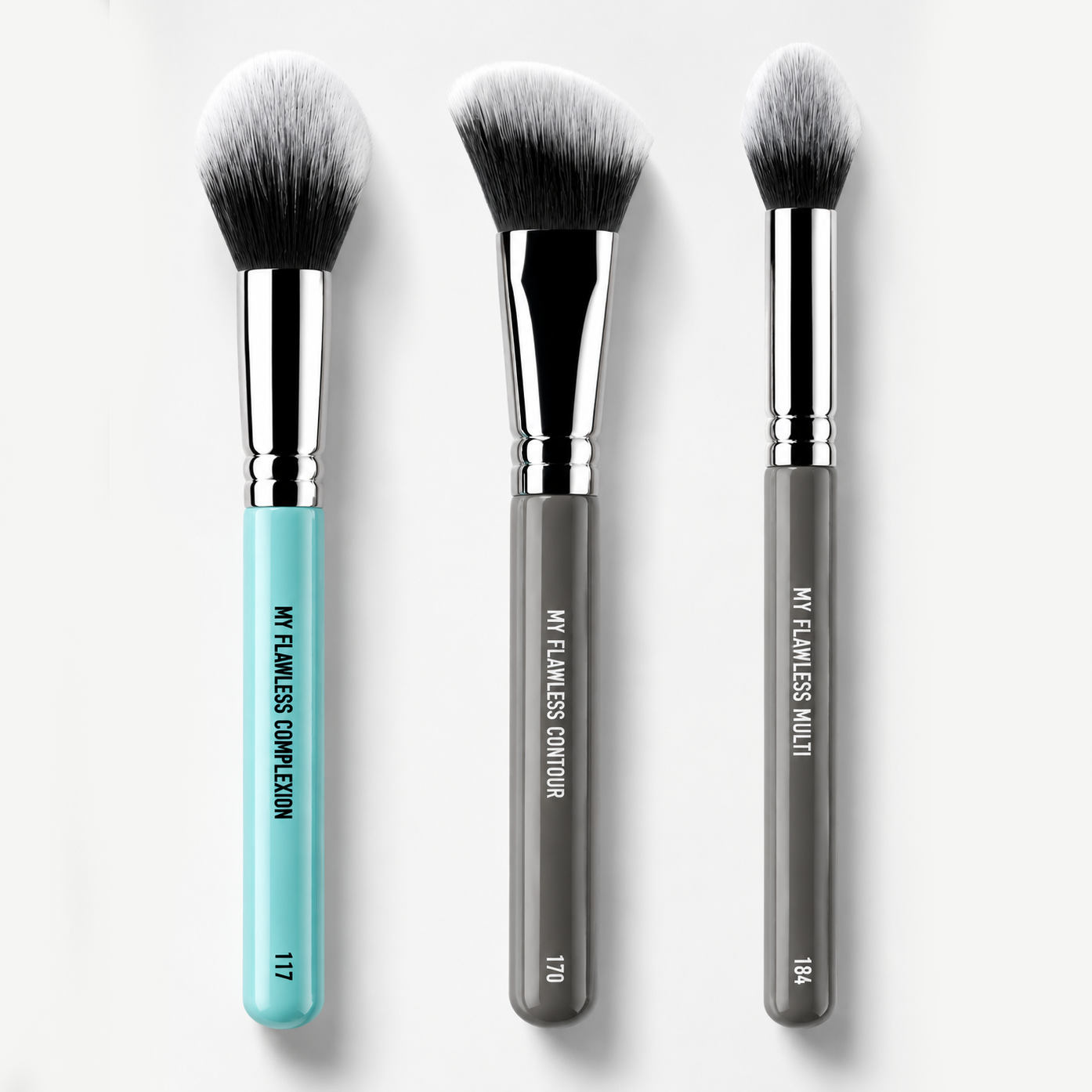 Three makeup brushes with black and white bristles, displayed vertically on a light gray background. The handles are light blue, dark gray, and medium gray, with silver ferrules and black text reading 'MY FLAWLESS COLLECTION' and brush numbers 117, 170, and 184.