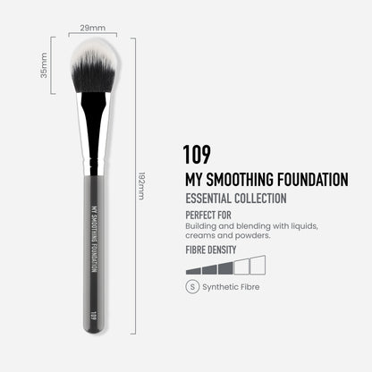 Mykitco smoothing foundation brush 109, a professional makeup brush for flawless foundation application, with soft bristles and ergonomic handle.