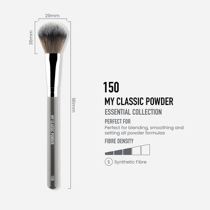 Mykitco 150 Classic Powder Brush with soft bristles, ideal for applying loose or pressed powder for a flawless finish.