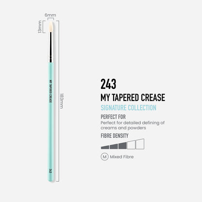 MYKITCO tapered crease brush for precise eyeshadow blending, featuring soft bristles and ergonomic handle.