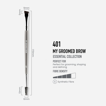 MYKITCO 401 Groomed Brow Brush with natural bristles for precise eyebrow grooming and shaping.