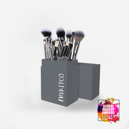 MYKITCO MY BIG ESSENTIAL Brush Set with various makeup brushes, displayed in a sleek black and silver design.